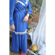 Nous Püskül Şerit Detaylı Likralı Mavi Elbise