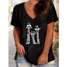 Woodroffe Kadın V Yaka Siyah Hayvan Dostu Baskılı T-Shirt Salaş Rahat Kesim Boyfirend