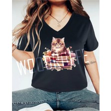 Woodroffe Kadın V Yaka Siyah Baskılı T-Shirt Salaş Rahat Kesim Boyfirend