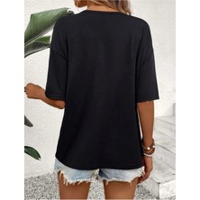 Woodroffe Kadın V Yaka Siyah Hayvan Dostu Baskılı T-Shirt Salaş Rahat Kesim Boyfirend