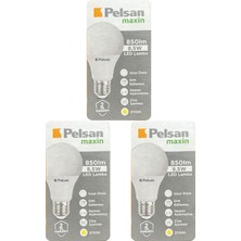 Pelsan (3 Adet) Pelsan 8,5W 2700K (Sarı Işık) E27 Duylu (Kalın Duy) LED Ampul