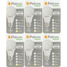 Pelsan (6 Adet) Pelsan 8,5W 2700K (Sarı Işık) E27 Duylu (Kalın Duy) LED Ampul