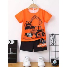 Kids Face Özel Tasarım Traktörler Baskılı Kısa Kollu Yazlık Pamuk Erkek Çocuk T-Shırt Şort Takımı