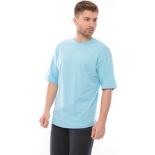 Franco Renzo Erkek Oversize Fit  Organik Pamuk Kalın Dokulu Bisiklet Yakalı Bebe Mavi T-Shirt