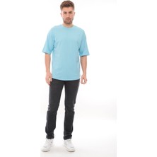 Franco Renzo Erkek Oversize Fit  Organik Pamuk Kalın Dokulu Bisiklet Yakalı Bebe Mavi T-Shirt