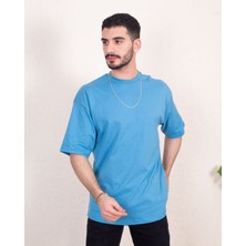 Franco Renzo Erkek Oversize Fit  Organik Pamuk Kalın Dokulu Bisiklet Yakalı Mavi T-Shirt