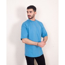Franco Renzo Erkek Oversize Fit  Organik Pamuk Kalın Dokulu Bisiklet Yakalı Mavi T-Shirt