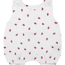 Antebies Organik Beyaz Uğurböceği Desenli Jakarlı Omuzda Çıtçıtlı Kolsuz Şortlu Balon Kız Bebek Tulum