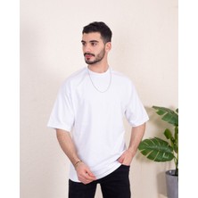 Franco Renzo Erkek Oversize Fit  Organik Pamuk Kalın Dokulu Bisiklet Yakalı Beyaz T-Shirt
