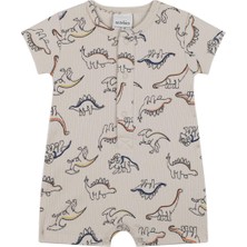 Antebies Organik Bej Dinazor Desenli Çıtçıtlı Kısa Kollu Şortlu Erkek Bebek Tulum