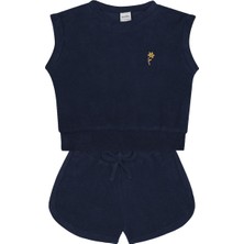 Antebies Organik Lacivert Havlu Çiçek Nakışlı Beli Lastikli Bağcıklı Kız Çocuk Kolsuz Bluz Şort Takımı