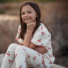 Antebies Organik Krem Kiraz Desenli Beli Lastikli Kısa Kollu Kız Çocuk Pijama Takımı