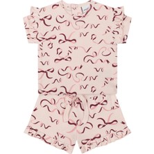 Antebies Organik Pembe Kurdele Desenli Fırfırlı Kısa Kollu Kız Bebek Tshirt Şort Takımı