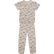 Antebies Organik Bej Dinazor Desenli Beli Lastikli Kısa Kollu Erkek Çocuk Pijama Takımı