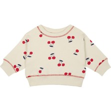 Antebies Organik Krem Kiraz Desenli Manşetli Kız Bebek Sweatshirt