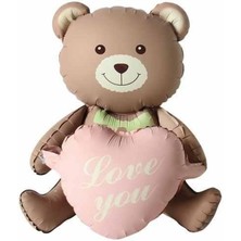 Patladı Gitti Love You Yazılı Retro Pembe Kalpli Kahverengi Oturan Ayı Folyo Balon
