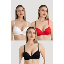 Arma Yıldız Kadın Dolgulu Destekli Balenli Sütyen 3'lü Set Siyah Beyaz Kırmızı