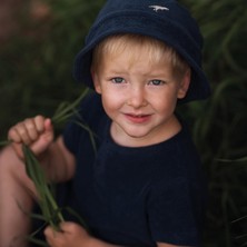 Antebies Organik Lacivert Havlu Beyaz Dinazor Nakışlı Yaz Şapkası