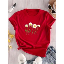 Medinenur Yan Yana Papatya Desenli Basic T-Shirt