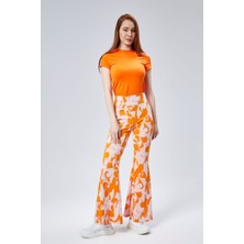 Kadın Yeşil Desenli Yüksek Bel Esnek Ispanyol Paça Tayt Pantolan