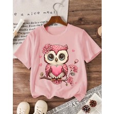 Kids Face Özel Tasarım Süslü Baykuş Baskılı Ter Tutmayan Pamuk Kız Çocuk T-Shırt