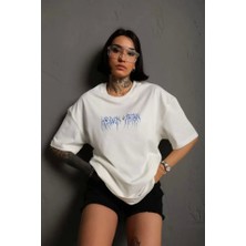 Unisex Bisiklet Yaka Baskılı Oversize Thirt  Beyaz