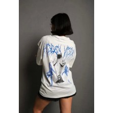 Unisex Bisiklet Yaka Baskılı Oversize Thirt  Beyaz