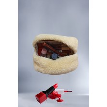 Mom & Me Peluş Makyaj Çantası Kozmetik Çantası Ekru Renk