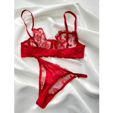Shy Lola Lingerie Çiçekli Kalpli Kırmızı Brode Takım / Iç Çamaşır Takımı