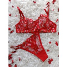 Shy Lola Lingerie Çiçekli Kalpli Kırmızı Brode Takım / Iç Çamaşır Takımı