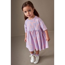 Next Baby Pamuklu Lila Çiçek Desenli Dokulu Kısa Kollu Jarse Elbise