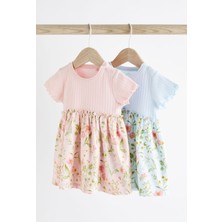 Next Baby % 100 Pamuklu Pembe Mavi Çiçek Desenli Kısa Kollu 2’li Elbise Set