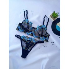 Shy Lola Lingerie Sevgililer Günü Hediyesi Turkuaz Çiçekli Brode Sütyen Kilot Takım Tanga/ Iç Çamaşırı Takımı