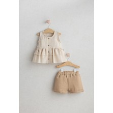 Iz Bebek Spanish Style Elbise Şort Takım Kahverengi Renk - Düğme ve Fırfır Detaylı