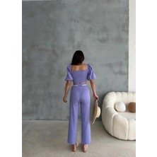 Maggaza Keten Crop Karpuz Kol Bluz-Pantolon Hasır Kemerli - Mor