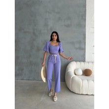 Maggaza Keten Crop Karpuz Kol Bluz-Pantolon Hasır Kemerli - Mor