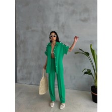 Maggaza Omuz Midye Sıralı Bluz - Paça Pensli Pantolon Takım - Yeşil