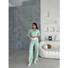 Maggaza Keten Gömlek-Crop-Salaş Pantolon Takım - Mint