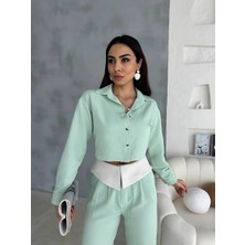 Maggaza Keten Gömlek-Crop-Salaş Pantolon Takım - Mint