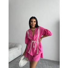 Maggaza Keten Bel Büzgülü Bluz-Pantolon Takım - Fuşya