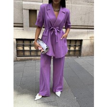 Maggaza Kısa Kol Bağlama Detaylı Ceket-Pantolon Takım - Mor