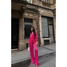 Maggaza Fuşya Saten Kruvaze Bağlamalı Bluz Pantolon Takım