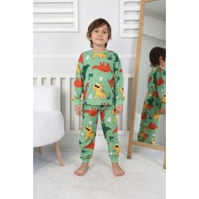 Isob Yeşil Dinozor Desenli %100 Pamuk Erkek Çocuk Pijama Takımı 3-8 Yaş 32232-Y