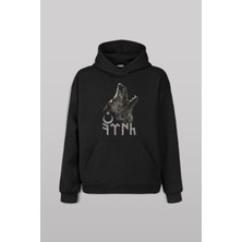 Göktürkçe Eski Türk Bozkurt Wolf Kurt Ön Baskılı Sweatshirt Unisex Kapüşonlu Hoodie