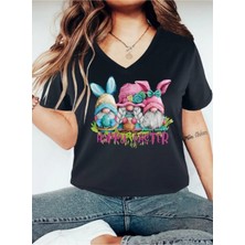 Woodroffe Kadın V Yaka Baskılı Siyah/beyaz Salaş Oversize T-Shirt