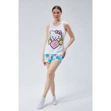 Baks Store Kadın Damalı Hello Kedi Baskılı Kadın Atlet Şorttakımı