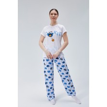 Baks Store Kadın Mavi Kurabiye Canavarı Baskılı Kadın T-Şort Pantolon Takımı