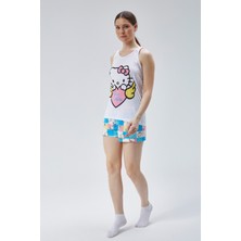 Baks Store Kadın Damalı Hello Kedi Baskılı Kadın Atlet Şorttakımı