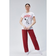 Baks Store Kadın Kırmızı Ekose Snoppy Baskılı Kadın T-Şort Pantolon Takımı