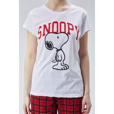 Baks Store Kadın Kırmızı Ekose Snoppy Baskılı Kadın T-Şort Pantolon Takımı